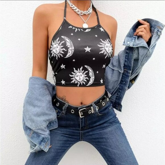 A Gothic Universe Halter Crop Top W/ Sun & Moon Celestial Print – Black White - Picture 3 of 8